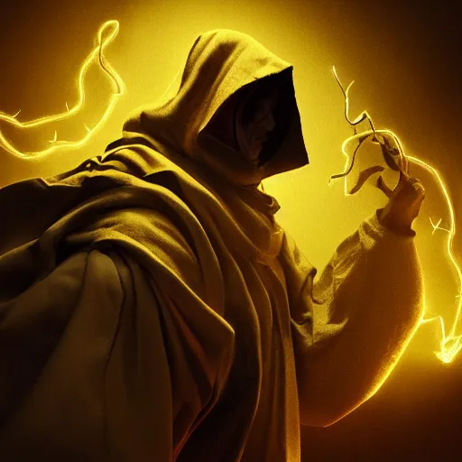 Image similar to award - winning. trending on artstation. cinematic. 4 k. a person wearing hooded frayed yellow robes and an eerie steel mask casting a spell while yellow magic runes float behind them. dark background