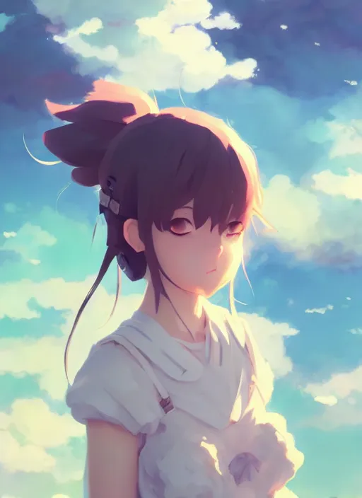 Image similar to portrait of cute catgirl, cloudy sky background lush landscape illustration concept art anime key visual trending pixiv fanbox by wlop and greg rutkowski and makoto shinkai and studio ghibli