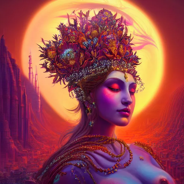 Image similar to Beautiful 3d render of the flower queen goddess in a sensual pose, centered, symmetry, with the third eye on her forehead, painted, intricate, volumetric lighting, beautiful, rich deep colours masterpiece, sharp focus, ultra detailed, in the style of Dan Mumford and marc simonetti, with a clear crowded futuristic cyberpunk dubai city in the background, astrophotography