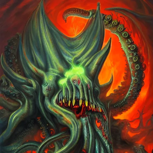 Prompt: tentacled monster demon in hell, fantasy art painting red orange