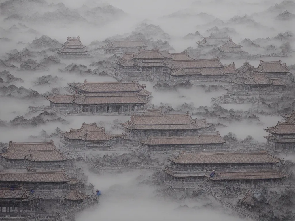 Image similar to forbidden city, highly detailed, cinematic landscape ， ink painting ， foggy