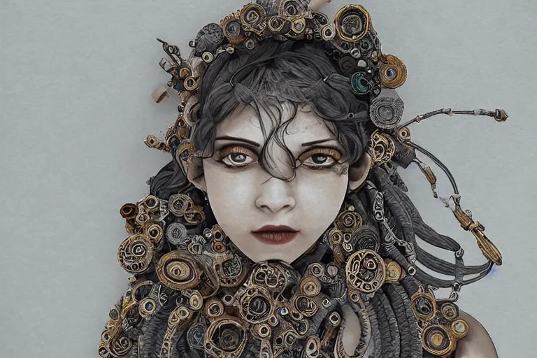 Image similar to beautifully stunning stonepunk woman_integrating_with_technology_full_face_insipiring_detailed_intricate_ornate_cables_connected_to_head_big_open_electric_eyes_ the_singulairty is now by Hironaka, Harumi