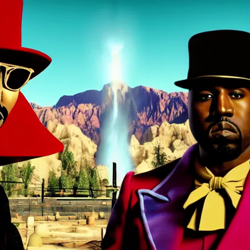 Image similar to Kanye West as willy wonka in fallout new vegas, splash art, movie still, cinematic lighting, dramatic, octane render, long lens, shallow depth of field, bokeh, anamorphic lens flare, 8k, hyper detailed, 35mm film grain
