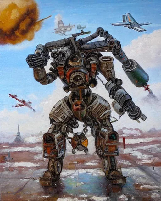 Prompt: sukhoi mech!!! armed with rockets and a minigun, humanoid figure, round machines, oil painting, soviet ( ( ( ( airplane ) ) ) ), tribal yurta, postapocalyptic, sharp focus