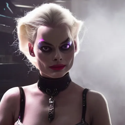 Image similar to Margot Robbie as real-life Jinx from Arcane, league of legends, cinematic, Wide-shot, atmospheric fog and lighting, directed by Michael Bay, extreme detail, 8K, movie still