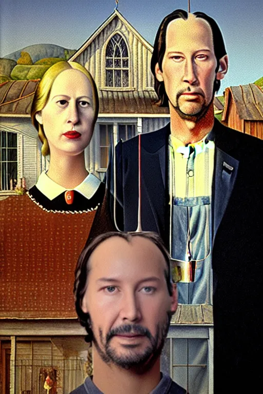 Prompt: painting of Keanu Reeves and Lady Gaga as the couple in American Gothic in the style of Grant Wood