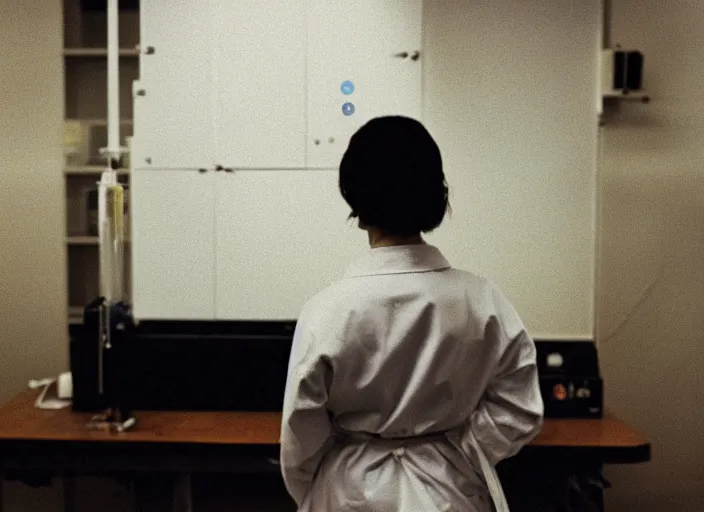 Prompt: a 3 5 mm photo from the back of a woman wearing a white lab coat standing in a laboratory, bokeh, canon 5 0 mm, cinematic lighting, dramatic, film, photography, golden hour, depth of field, award - winning, 3 5 mm film grain, retro, film, kodachrome, closeup