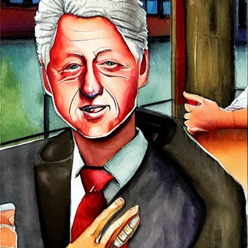 Image similar to bill clinton working on the streets of new york as a hooker, in the style of a watercolor painting