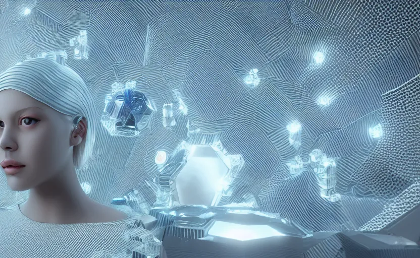 Prompt: young female agi in her 20s made out of low poly, kevlar, octa core, watercooled plates with crystal elements as a power source and an arctic-based, geometric backdrop; led, robotic, abstract, front profile shot, cycles render, 4k