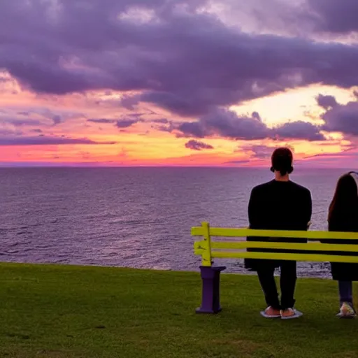 Prompt: a photo of a couple sitting on a park bench looking at a beautiful purple and yellow sunset over the ocean. The sky is green