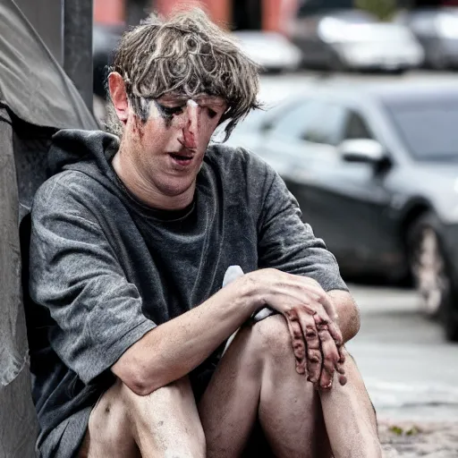 Image similar to mark zuckerberg as a dirty decrepit homeless man begging for money, 4 k ultra high detailed