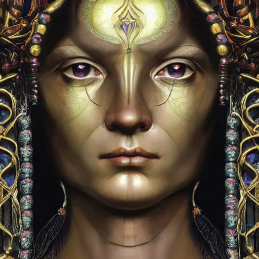 Prompt: masterpiece baroque neoclassicist closeup renaissance portrait of a striking art deco android priestess, glowing eyes. reflective detailed textures, highly detailed fantasy science fiction painting by moebius, magali villeneuve, annie swynnerton, norman rockwell and saturno butto and jean delville, elaborate geometric ornament, cool colors. artstation