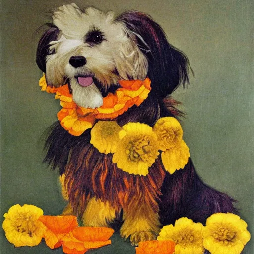 Prompt: portrait of a havanese dog with marigolds by diego rivera 1 9 3 5