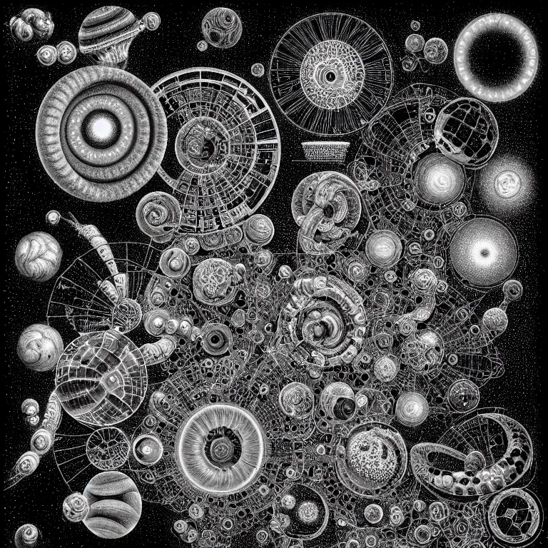 Prompt: ! dream a black and white drawing of a space station filled with equipment, a microscopic photo by ernst haeckel, zbrush central, kinetic pointillism, bioluminescence, intricate patterns, photoillustration