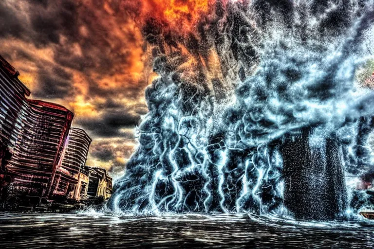 Image similar to destructive water tornado in the city, photorealistic, highly detailed, sharp focus, vivid, colorful, symmetrical, zoom, random, convoluted, mind - blowing, creative, fully functional, end of the world, taken from camera