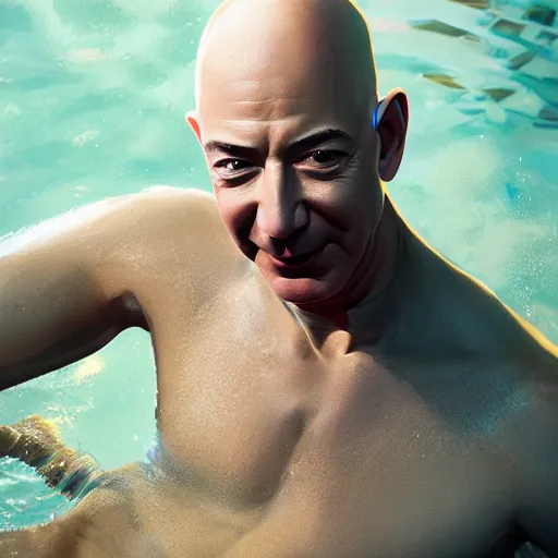 Image similar to jeff bezos swimming in a pool of cash, 4 k, photography, ray tracing, octane render, extremely detailed, digital art, trending on artstation, greg rutkowski