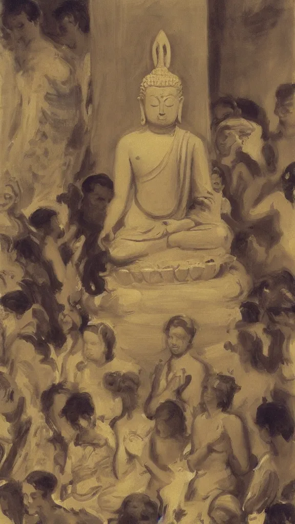 Image similar to a crowd of people pray a rabbit budda statue by john singer sargent