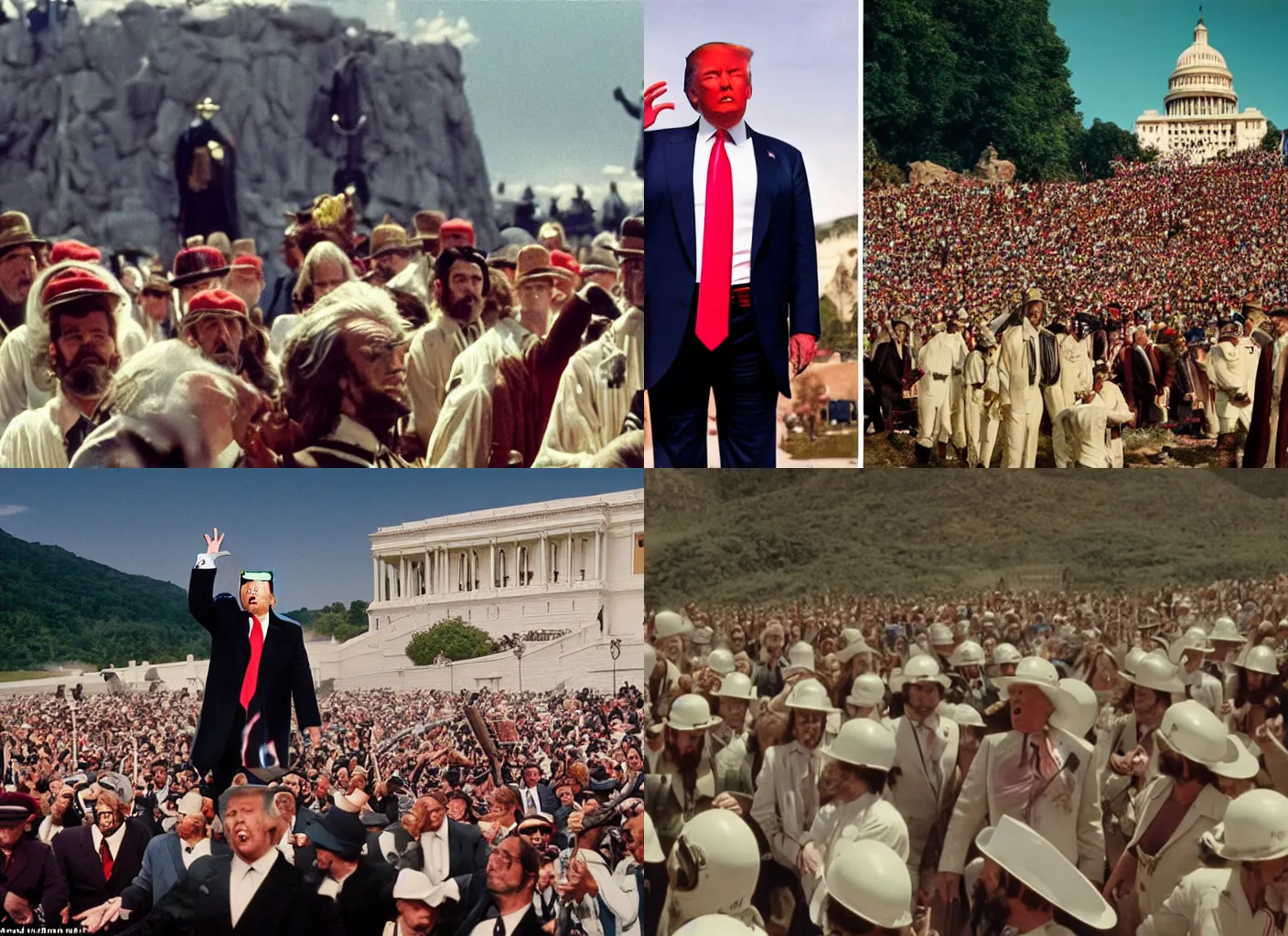 Prompt: donald trump at the capitol riot in the style of a 7 0 mm still from the holy mountain film by alejandro jodorowsky, intense scene in a picturesque outdoors setting, close - up view of the actors faces, technicolor, 8 k