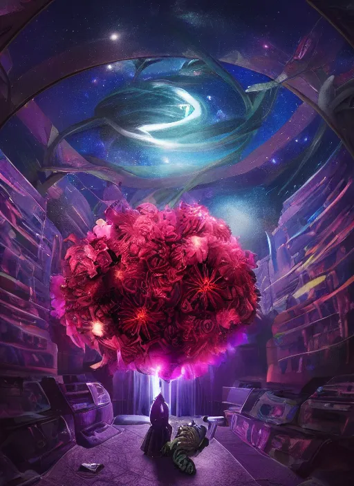 Image similar to An epic fantastic realism comic book style painting of the most beautiful entwined flowers launched across the dark galactic night sky, nebulous bouquets, fisheye lens, unreal 5, DAZ, hyperrealistic, octane render, dynamic lighting