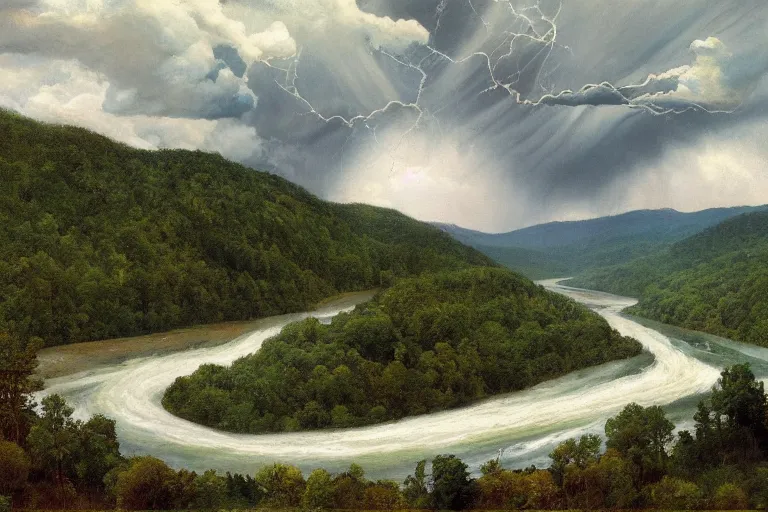 Image similar to two rivers converge to form one larger river, appalachian mixed mesophytic forest, roiling thunderstorm sky background, by Cortes Thurman the greatest Barbizon artist ever known and by Joe Jusko, rendered in hyperdetailed Ultra HD, trending on ArtStation, luminous