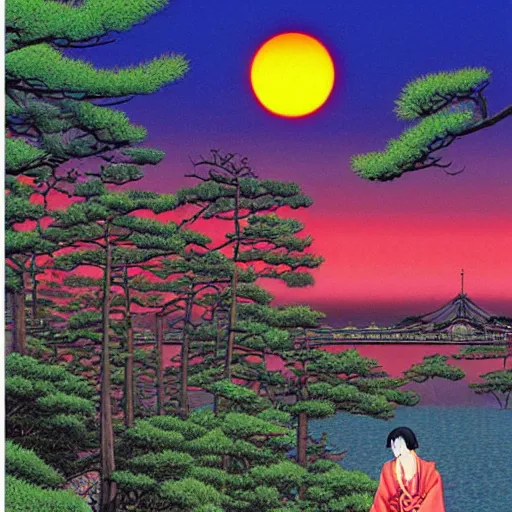 Image similar to colorful illustration of japan sunset, by hajime sorayama and hasui kawase and junji ito