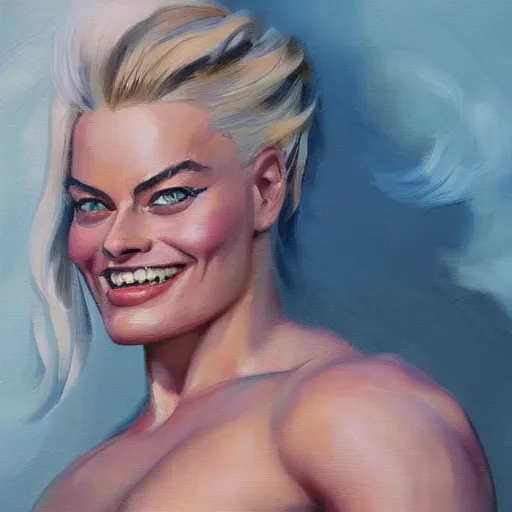 Image similar to greg manchess portrait painting of smiling margot robbie as beautiful thick muscular female bodybuilder zarya from overwatch, medium shot, asymmetrical, profile picture, organic painting, sunny day, matte painting, bold shapes, hard edges, street art, trending on artstation, by huang guangjian and gil elvgren and sachin teng