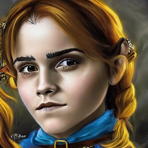 Image similar to a fantasy dwarf that looks like emma watson, fan art