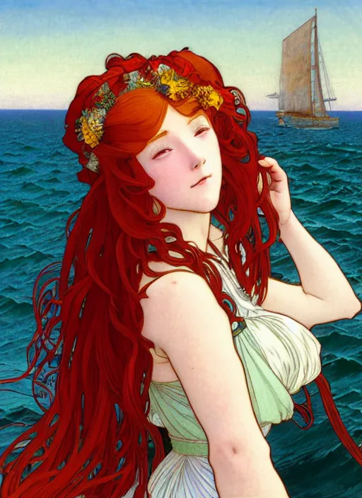 Prompt: a pretty young woman with long red hair blowing in the wind is leaning on the rail of a sailing ship, looking out to sea, path traced, highly detailed, high quality, digital painting, by studio ghibli and alphonse mucha, ron cobb, leesha hannigan, hidari, art nouveau, chiho aoshima, jules bastien - lepage