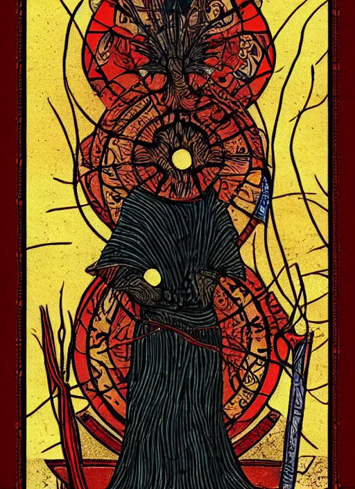 Image similar to tarot card of the doubts, meaning unsure destiny and self - discouragment, high quality image, modern digital art, stylish, black and red