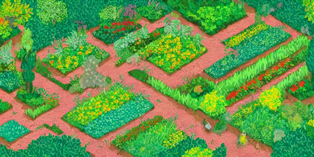 Prompt: an illustration of a beautiful garden, isometric view, painted