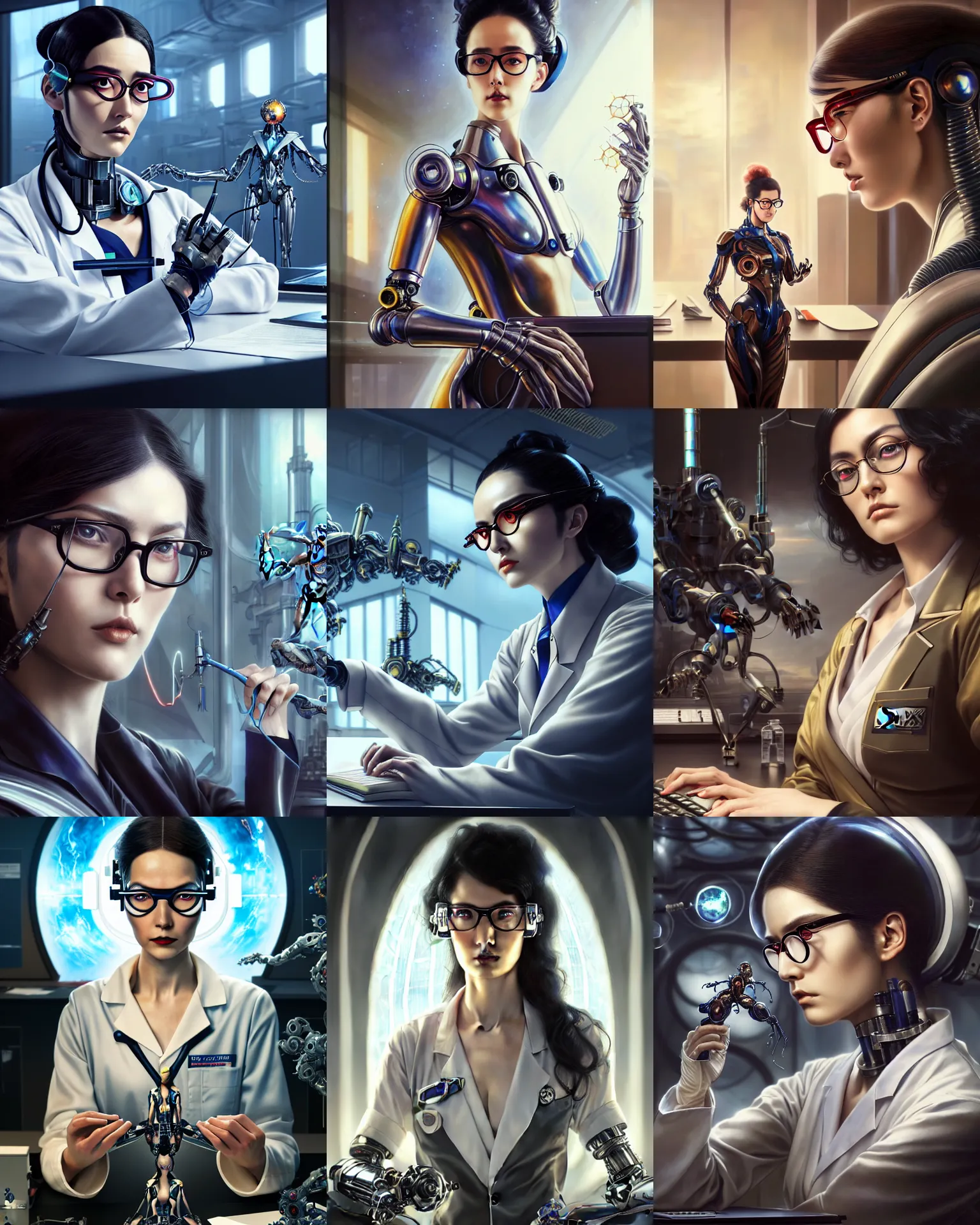 Prompt: karol bak and tom bagshaw and ayami kojima full body character portrait of a beautiful nerdy scientist wearing glasses, at a work desk thinking intensely, wearing combination of lab - coat and mecha suit, laboratory in the background, artstation scifi detailed character concept, hyperrealism, unreal engine, 4 k digital camera, sharp focus, movie still