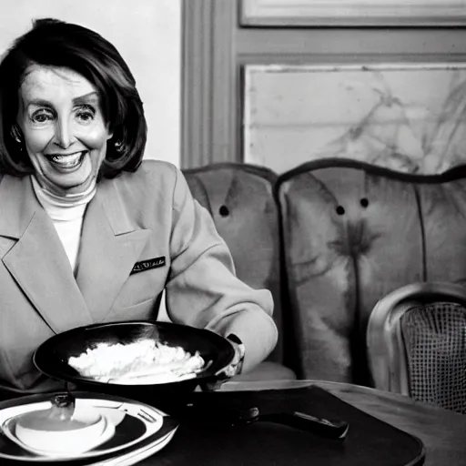 Image similar to a photograph of nancy pelosi wearing an army uniform while eating a large plate filled with scrambled eggs