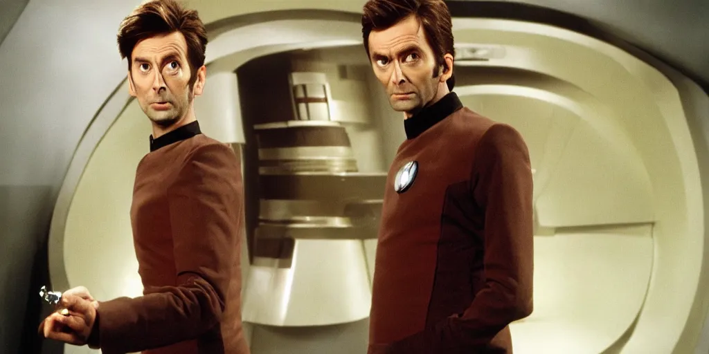 Image similar to David Tennant as Doctor Who in the role of Captain Kirk in a scene from Star Trek the original series