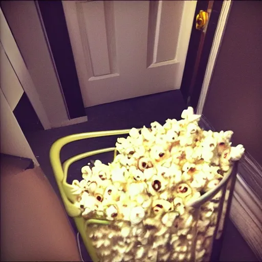 Image similar to mike wazowski from monsters inc falling down the stairs with a bucket of popcorn, iphone photo