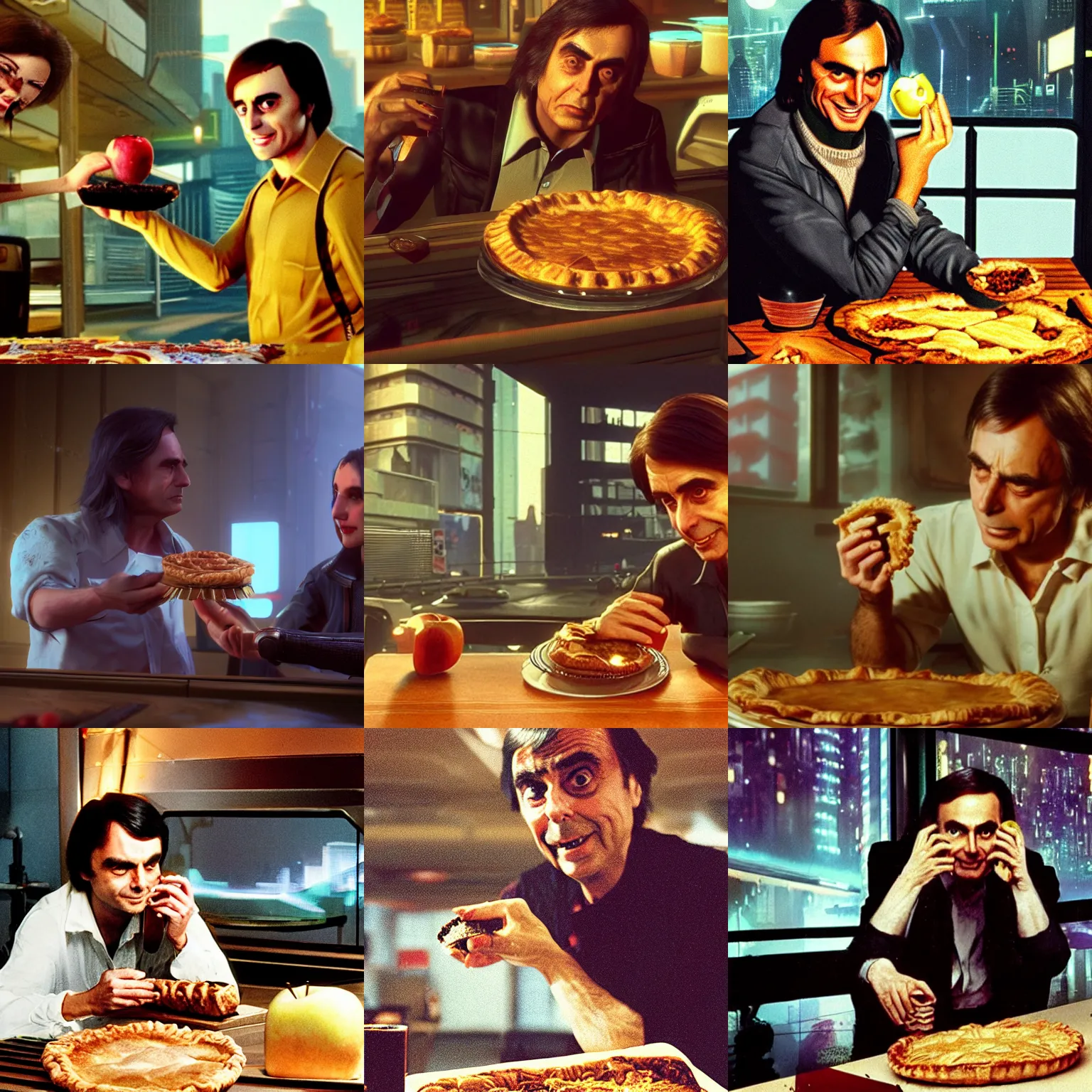 Prompt: carl sagan cherishing an apple pie in cyberpunk 2 0 7 7 3 8 4 0 x 2 1 6 0