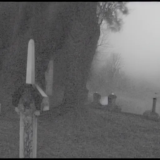 Image similar to cctv security cam grainy black and white footage of baron samedi in an spooky graveyard. baron samedi is wreathed in mist and shadow and is looking at the camera.