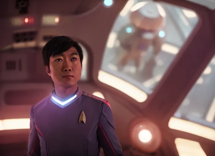 Image similar to Hiro Hamada plays as captain in Star Trek Discovery, engine room and warp core in the background, 35mm photography, highly detailed, cinematic lighting, 4k