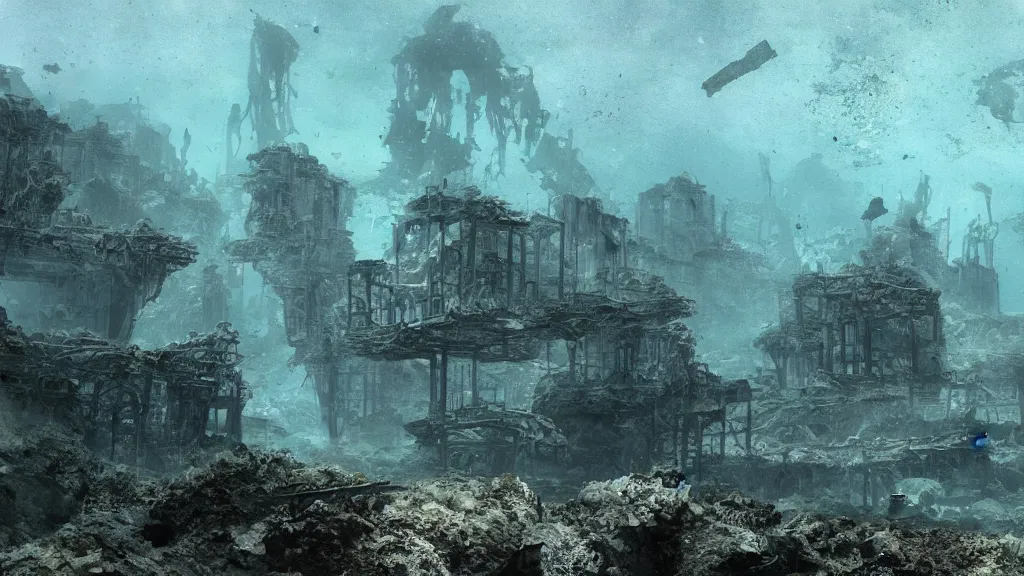 Prompt: a landscape of ruined underwater civilisation