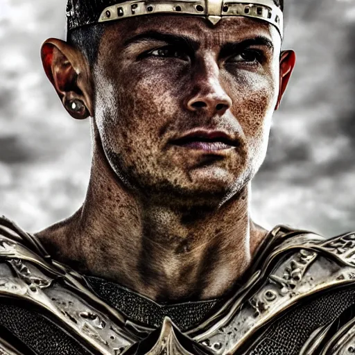 Image similar to portrait of cristano ronaldo wearing heavy shiny armor with no helmet, gladiator style, clouded, detailed, intricate, realistic, hdr, 8 k