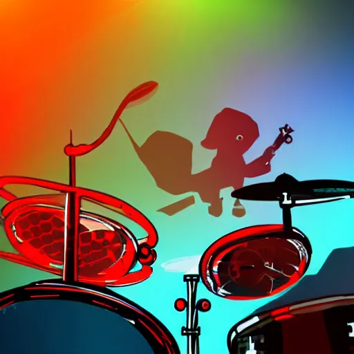 Image similar to a hamster playing drums on a stage in a small club, red and blue stagelights, photorealistic