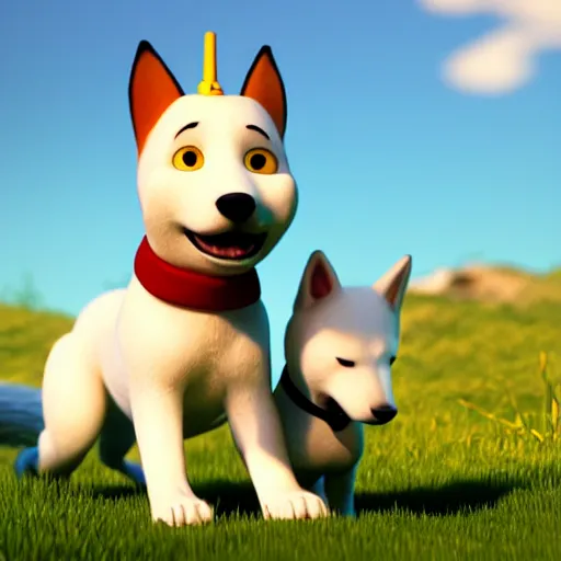 Image similar to tintin and his white fox terrier, depicted as a pixar character, high quality cg render, 8 k