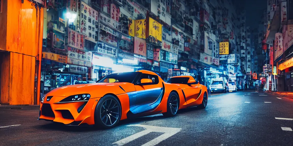 Image similar to orange supra in the middle of a road on the night Hong Kong china town, blue color grading, cinematic color grading , unreal 5, hyperrealistic, realistic, photorealistic, dynamic lighting, highly detailed, cinematic landscape, studio landscape, studio lighting