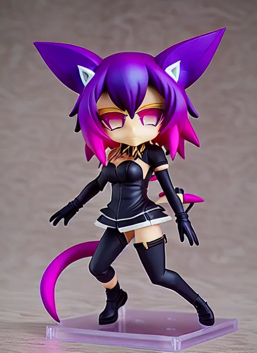 Image similar to chic kda ahri from league of legends nendoroid full body hyperdetalied, hero action pose, osamu tezuka, macoto takahashi, chibi, q posket, 8 k realistic, 3 d, cryengine, exquisite, charming smile, shape focus, symmetrical face, artstation, frostbite 3 engine, cryengine