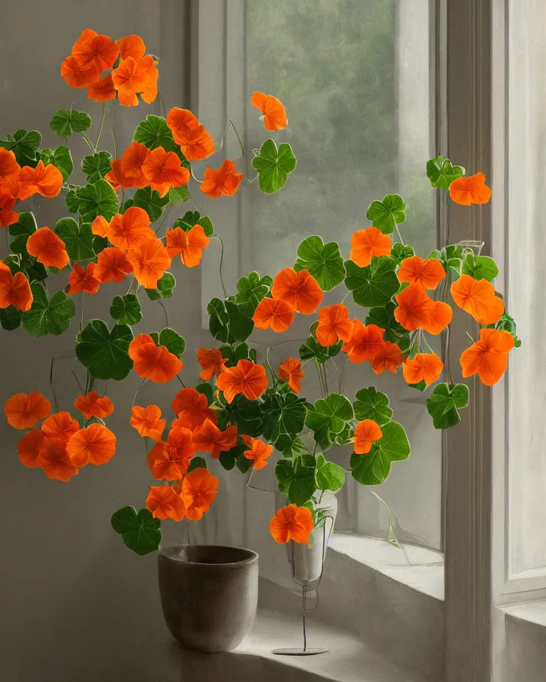 Prompt: fine artwork of a still life arrangement of flowering nasturtiums in porcelain vases. soft light coming from a window in a dark room, moody, beautiful classical style
