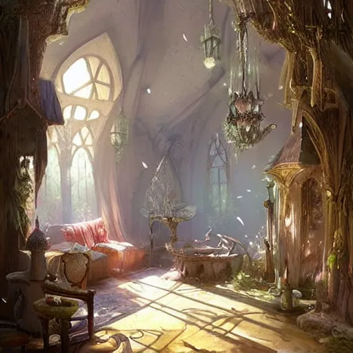 Image similar to a beautiful interior of a fairy castle's hall, wide angle, fully decorated, furnished with fairy furniture, fairy aesthetics, fairy lights, fairycore. concept art by greg rutkowski, elena dudina. high details, soft colour palette, dreamy