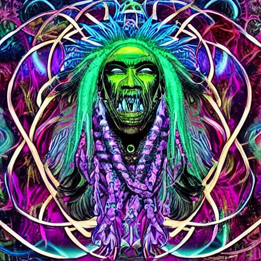 Image similar to a chaotic psychedelic monster with dreadlocks, cosmic horror