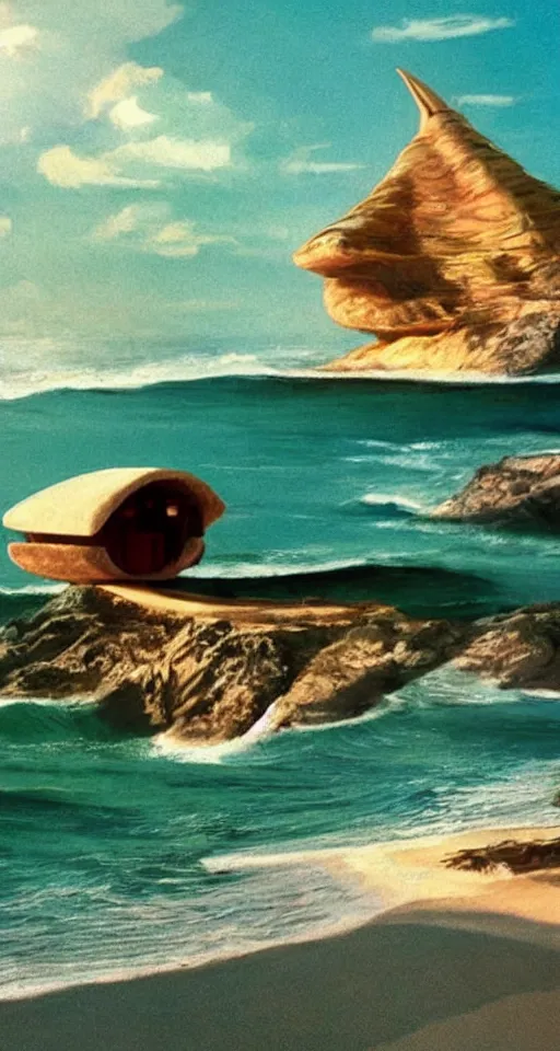 Image similar to seashell house where a hermit girl lives, atmospheric cinematography by syd mead and emmanuel lubezki