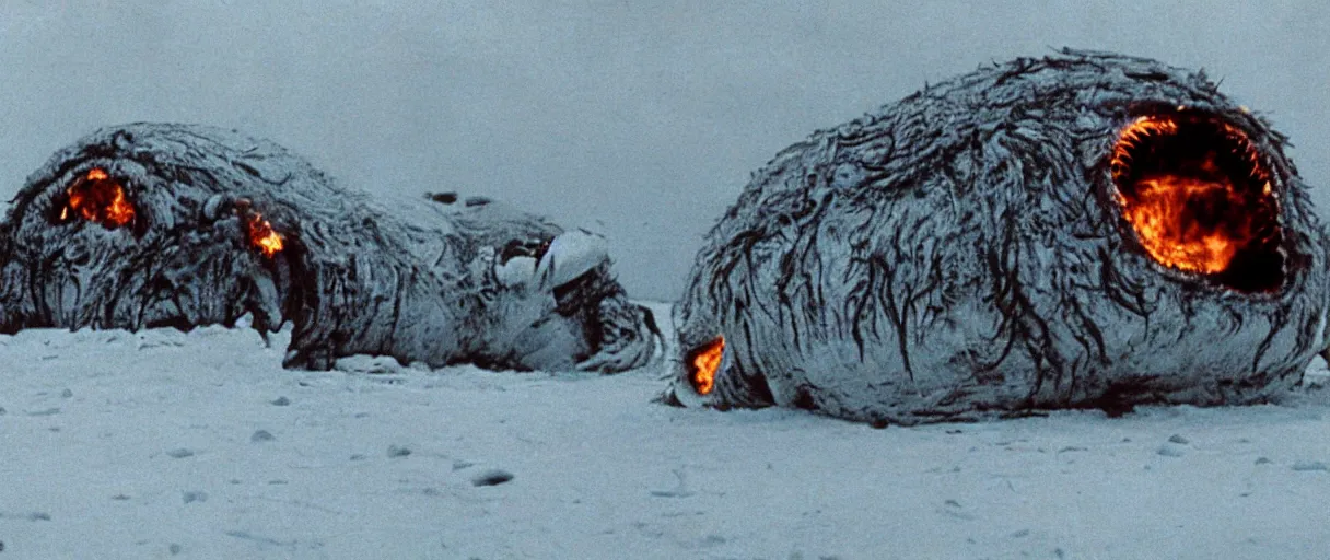 Image similar to filmic extreme wide shot movie still 4 k uhd interior 3 5 mm film color photograph of a detached snarling distorted deformed creature abstract shape shifting organism made of human tissue, running around the an arctic village that is on fire chasing humans in the style of the horror film the thing 1 9 8 2