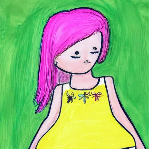 Image similar to girl with yellow hair and pink dress, kids drawing