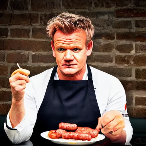 Image similar to gordon ramsey eating sausages with sauce and not liking it, high quality photograph, photorealist F1.8